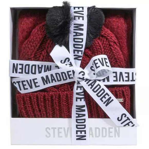 Steve Madden Women's Burgundy Plaid Scarf & Cable Knit Pompom Beanie Hat Set - Picture 4 of 4